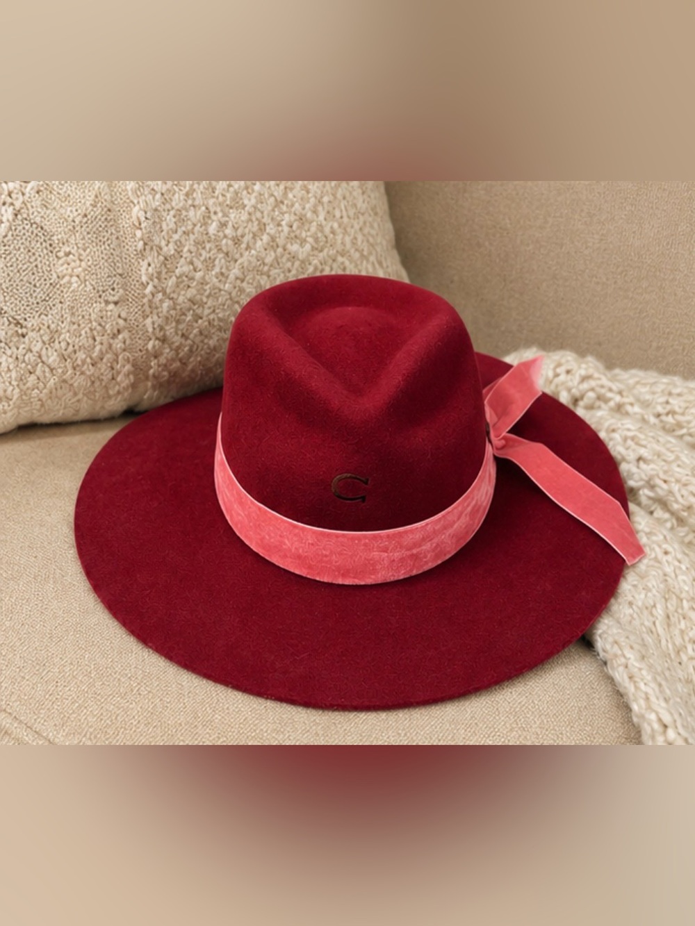 Charlie 1 Horse Burgundy Velvet Wide-Brim Hat with Pink Velvet Band - Picture 2 of 4